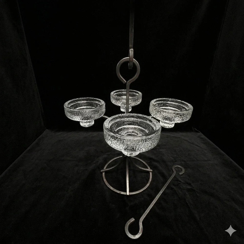 Erik Hoglund Boda Glassworks 4 Arm Iron Candelabra 3 Hanging Rods Kosta Boda